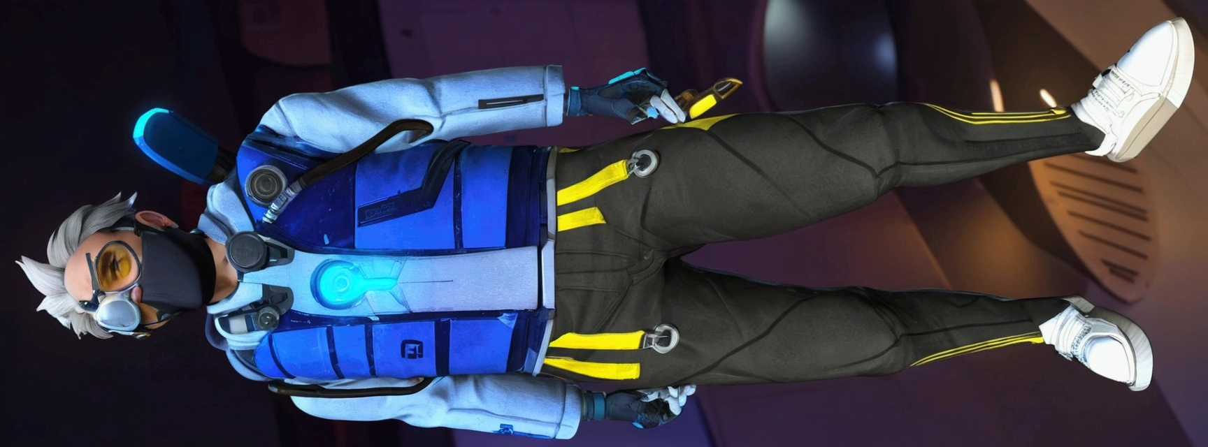 there is a man in a blue and yellow outfit holding a snowboard, lunar themed attire, energetic varia suit, technical suit, zirconium pants, mechanic punk outfit, overwatch skin, sigma from overwatch, blue uniform, laserpunk fullbodysuit, cargo pants. cyberpunk city, overwatch design, overwatch inspired, chrome outfit, costume with blue accents