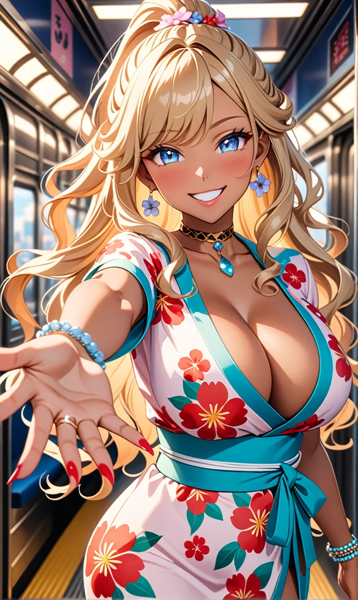 ultra-detailed, ((one girl)), (tan skin:1.6), in pastel colors gyaru, (heavy makeup), (professional lighting) hyper detailed, absurdres, 8K, Beautiful Face, (Laugh shyly), ((teasing smile:1.8)), ((Wink:1.7)), (Laugh with your mouth wide open),((Tilt your face:1.6)), View your viewers, ((Bright red cheeks:1.6)),Glossy Red Lips, ((Big Breasts:1.5)), ((undressing:1.2)), noon, Getting off the train , ((Anime style background)),masterpiece, Highest quality, so beautiful,Latest, Complex details, (Pink long nails), (nail art), (ring),(bracelet), (Floral Choker),AI-generated, Complex,High resolution, Highest quality, super high quality,3D Images、3D Images,One person,Blonde long hair,(High Ponytail), (wavy hair:1.3), Blonde anime woman posing for a photo, ((Fine grain、blue eyes、glowing eyes:1.4)), (Squint your eyes:1.1),a hyperRealistic , hyperRealistic , Realistic,Anime woman with long pastel yellow hair, Smooth anime CG art, A girl in a gorgeous pastel-colored kimono, ((Pastel-colored furisode)),(Pink large floral pattern), Long flower hair ornament,Floral Earrings,Mature Body, tall,Narrow waist, ((Reaching out:1.7)),
