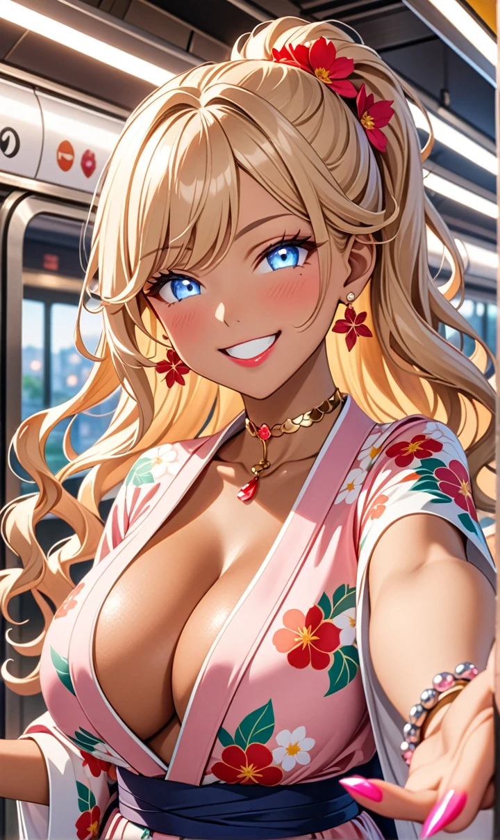 ultra-detailed, ((one girl)), (tan skin:1.6), in pastel colors gyaru, (heavy makeup), (professional lighting) hyper detailed, absurdres, 8K, Beautiful Face, (Laugh shyly), ((teasing smile:1.8)), ((Wink:1.7)), (Laugh with your mouth wide open),((Tilt your face:1.6)), View your viewers, ((Bright red cheeks:1.6)),Glossy Red Lips, ((Big Breasts:1.5)),  ((undressing:1.2)), noon, Getting off the train , ((Anime style background)),masterpiece, Highest quality, so beautiful,Latest, Complex details, (Pink long nails), (nail art), (ring),(bracelet), (Floral Choker),AI-generated, Complex,High resolution, Highest quality, super high quality,3D Images、3D Images,One person,Blonde long hair,(High Ponytail), (wavy hair:1.3), Blonde anime woman posing for a photo, ((Fine grain、blue eyes、glowing eyes:1.4)), (Squint your eyes:1.1),a hyperRealistic , hyperRealistic , Realistic,Anime woman with long pastel yellow hair, Smooth anime CG art, A girl in a gorgeous pastel-colored kimono, ((Pastel-colored furisode)),(Pink large floral pattern), Long flower hair ornament,Floral Earrings,Mature Body, tall,Narrow waist, ((Reaching out:1.7)), 