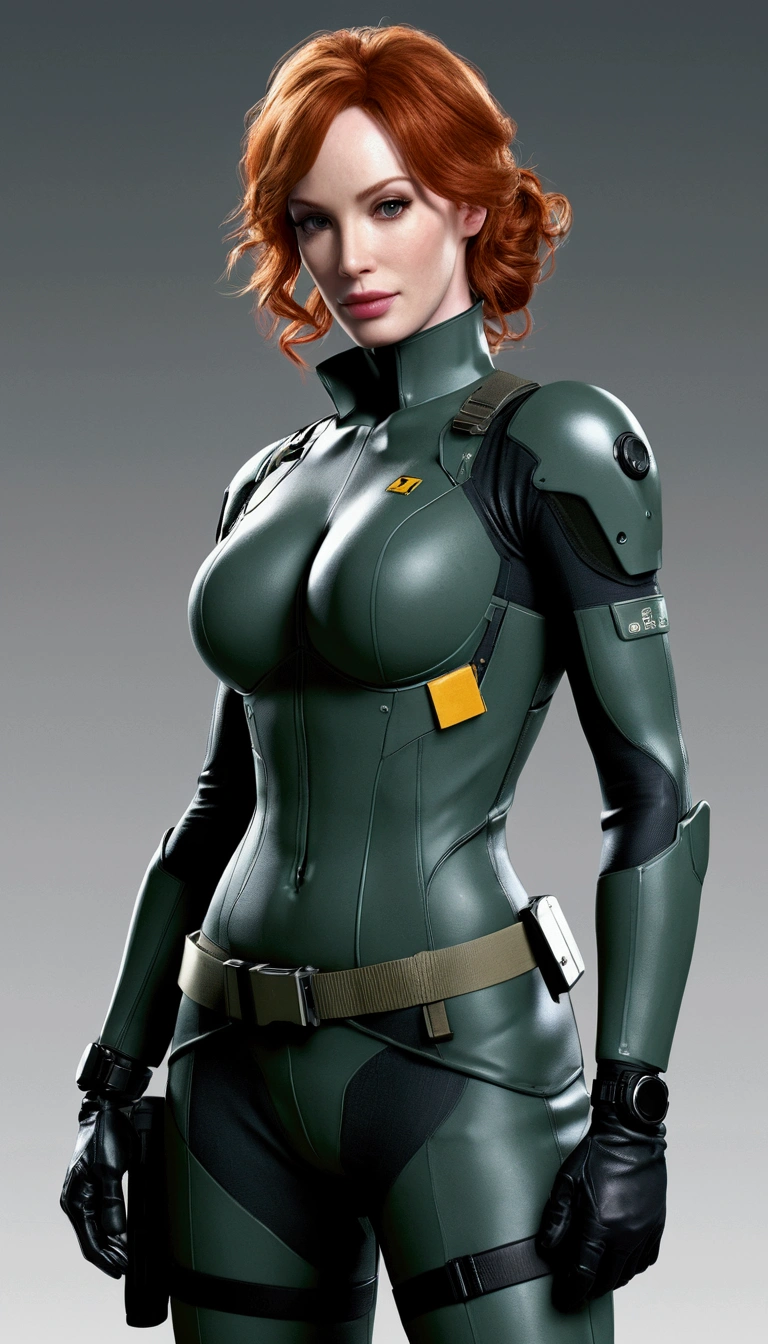 Christina Hendricks as a Metal Gear Solid character, High-quality facial research of Christina Hendricks, (Christina's sculpted cheekbones and slight wrinkles around the face), (detailed facial feature, detailed skin, clear skin), alluring 48 year old woman, High-quality detailed research of Christina Hendricks voluptuous figure. Full body, super quality for competition, whole body, casual pose, beautiful pose, (extremely detailed CG 8k wallpaper), (extremely delicate and beautiful), (masterpiece), (best quality: 1.0), (ultra-high resolution: 1.0), beautiful lighting, perfect lighting, realistic shadows, [high resolution], detailed skin, super detailed (((colorful))), Digital art, Metal Gear Solid concept art, Full Body concept art, Expert concept art with high detail, Concept art such as Yoji Shinkawa, Stealth game concept art, Concept art, Video game concept art, 4k
