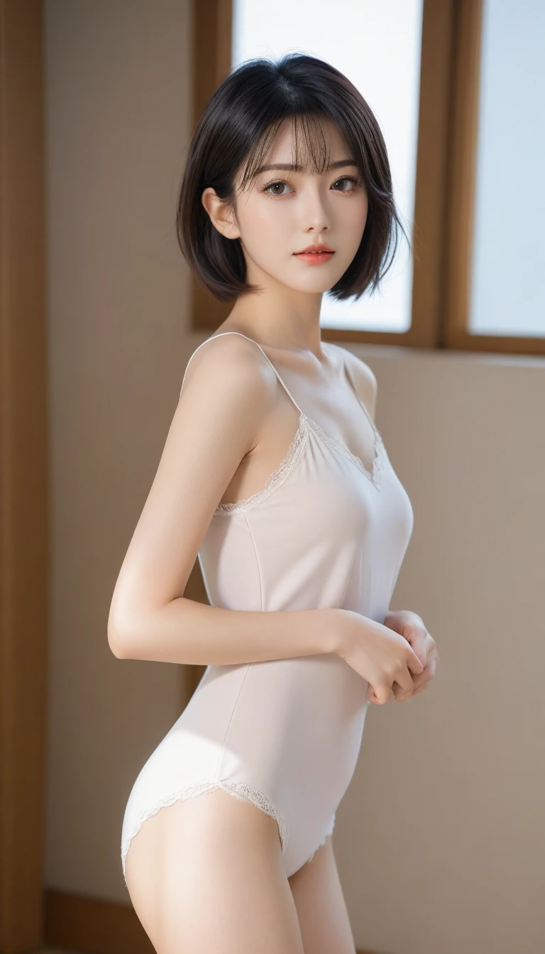 8K, Ultra-high resolution, Highest quality, masterpiece, 三分割法によるphotograph,Surreal, photograph, 1 Girl, (:1.3), pretty girl, Cute face, Beautiful eyes in every detail, 細かくdetailedに,masterpiece,One Girl:1.2, Japan Female Announcer, whole body,from behind,blush,closed eyes,shy,Black Hair,Bob with bangs,ballet,Spanking,Captivating ass,Delicate and smooth skin, Realistic Skin, Perfect and beautiful face ,完璧でCute face, Skin with attention to detail, Perfect limbs、Narrow waist、Thin legs)、Browsing Caution,Beautiful leg line beauty,Looking at the audience、beauty,Long neck、(((Ideal body type))),A cup small breasts :2,、Portraiture:2、Perfect Anatomy、鮮明なdetailed、detailed、Surreal、Light and shadow,Strong light