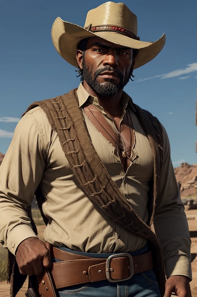 Black Western Man, bearded and bald in the style of the game red dead redemption rpg