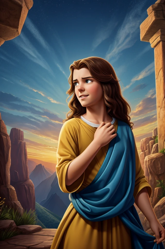 Generate an image with a Disney-type drawing where the emotions are intensely with Jesus taking control. 