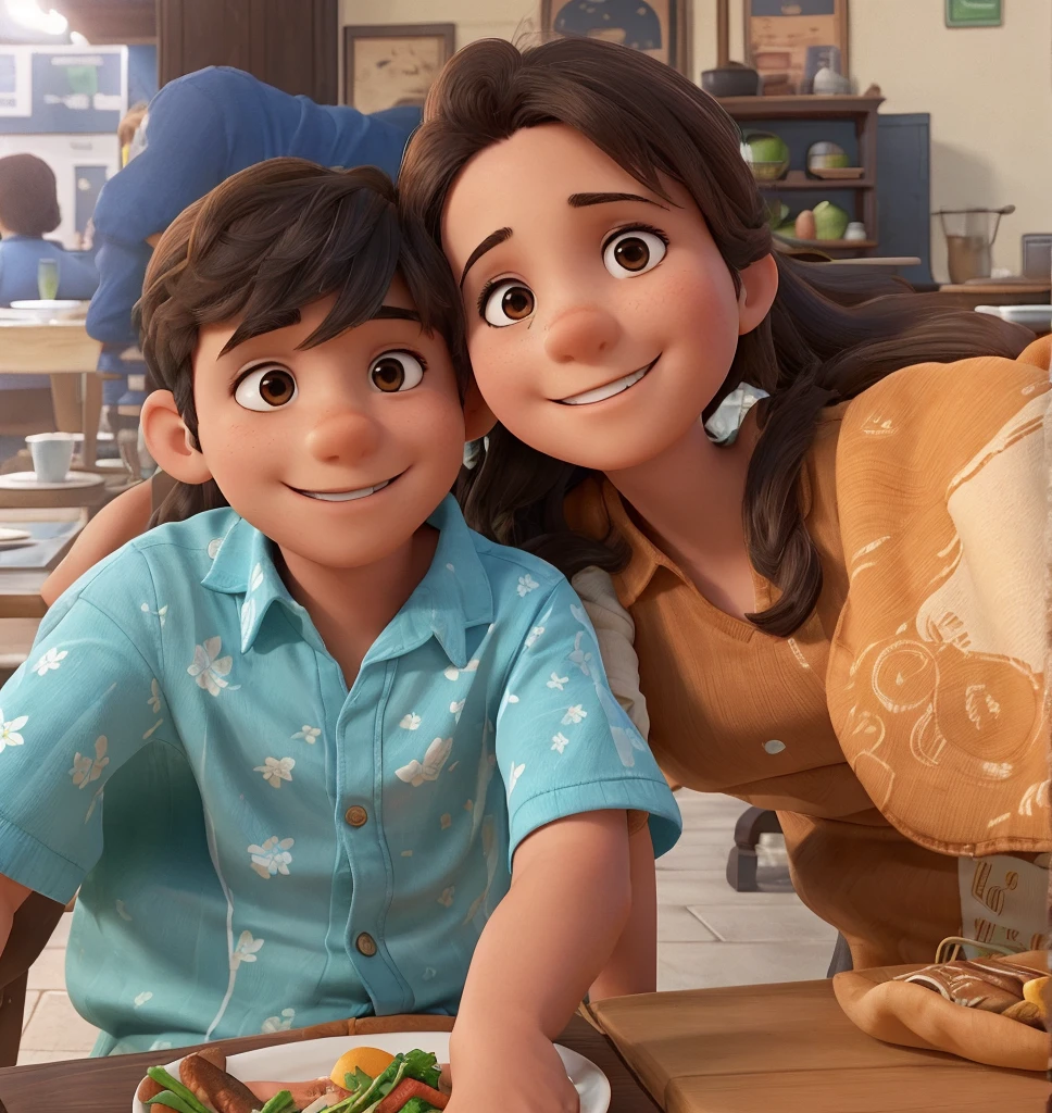 A young boy and a woman are seated at a table, both smiling broadly. The boy is wearing a blue shirt with a floral pattern and brown skin color and the woman has an orange top with long hair and brown skin color. They are mother and son and seem to be enjoying their time together. In the background, there's a bustling restaurant setting with other patrons and tables.