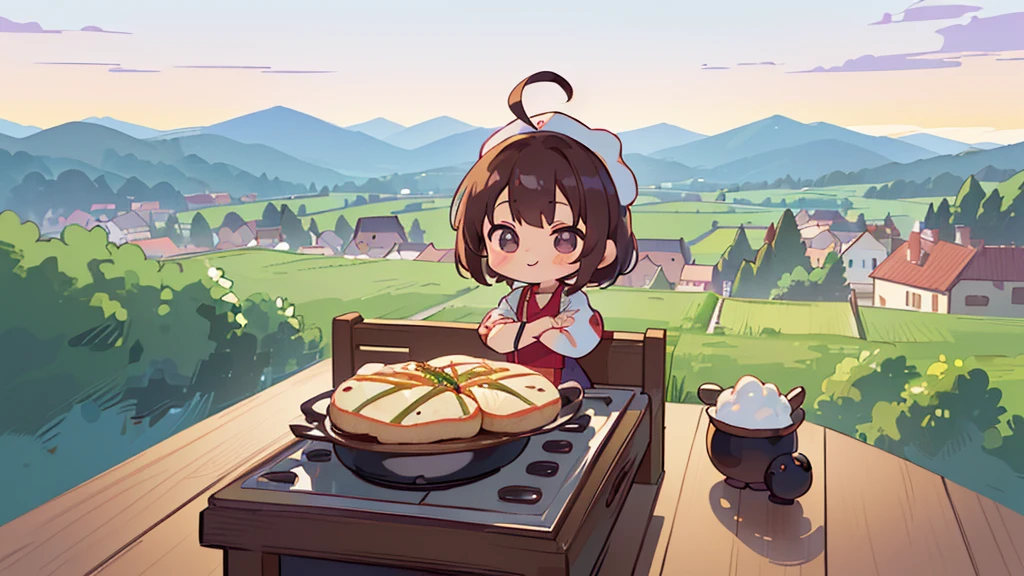 (((masutepiece))), Best Quality, Extremely detailed, (Chef Costume:1.2), (Chef's Hat), (((girl)), (((Solo))), Happy, ((Full body)), Ahoge, (((Deformed))), (((Chibi Character))), ((crossed arms))), (((cooking)), ((many food)), (( food on table)), ((( Restaurant))), (((standing in front of the restaurant))), ((Front of restaurant)), panoramic country background, ((( country background))), (((overview))), (((Perspective)))