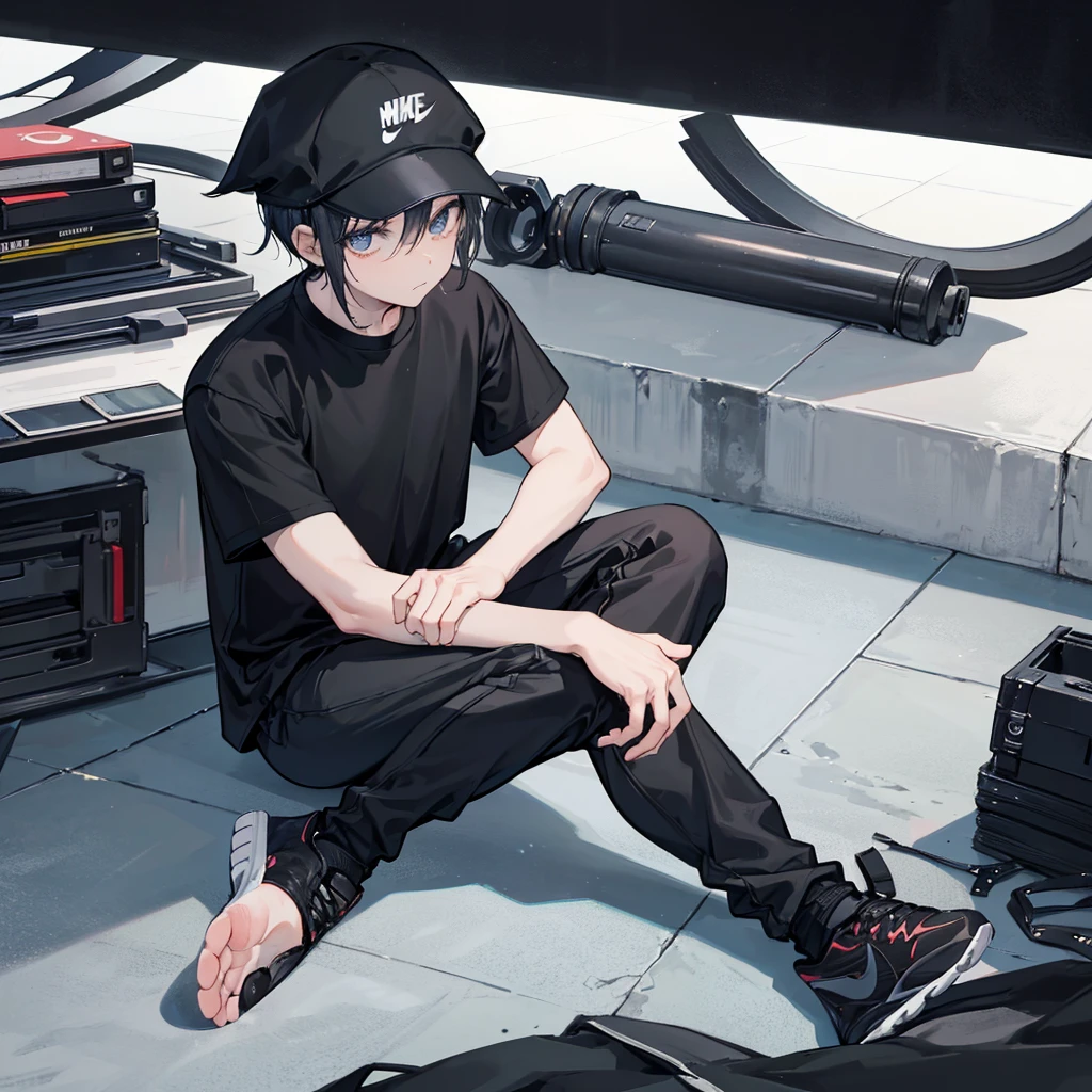 Image of a boy with a normal build and sitting on the floor with very short hair, dark skin color, dressed in a black cap, a black t-shirt on which he has the initials CF, black pants, black Nike shoes, the image with a white background