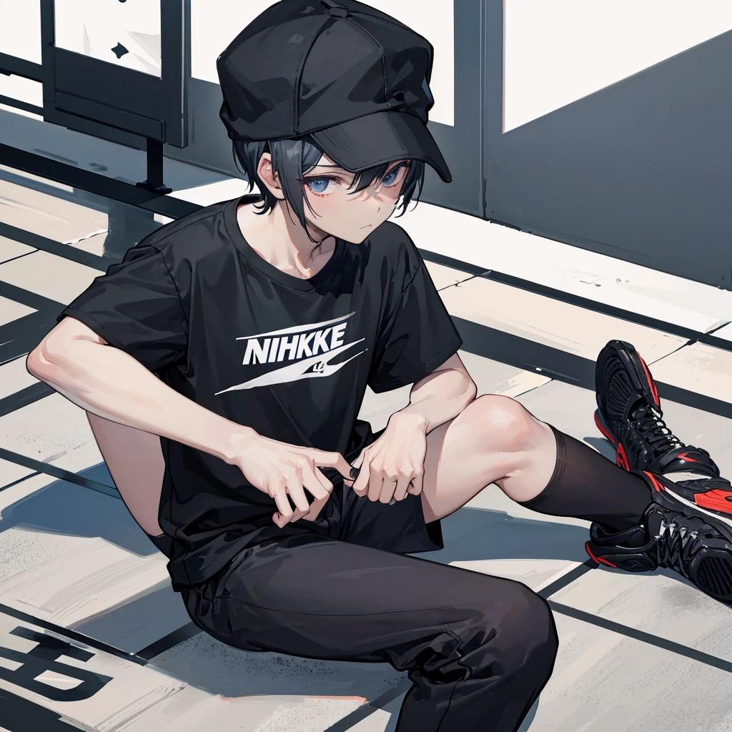 Image of a boy with a normal build and sitting on the floor with very short hair, dark skin color, dressed in a black cap, a black t-shirt on which he has the initials CF, black pants, black Nike shoes, the image with a white background