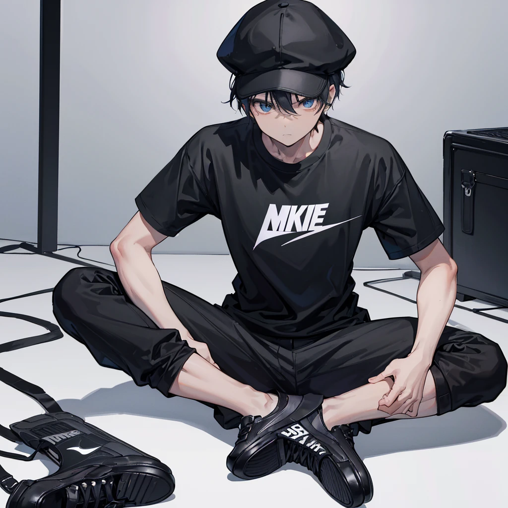 Image of a boy with a normal build and sitting on the floor with very short hair, dark skin color, dressed in a black cap, a black t-shirt on which he has the initials CF, black pants, black Nike shoes, the image with a white background