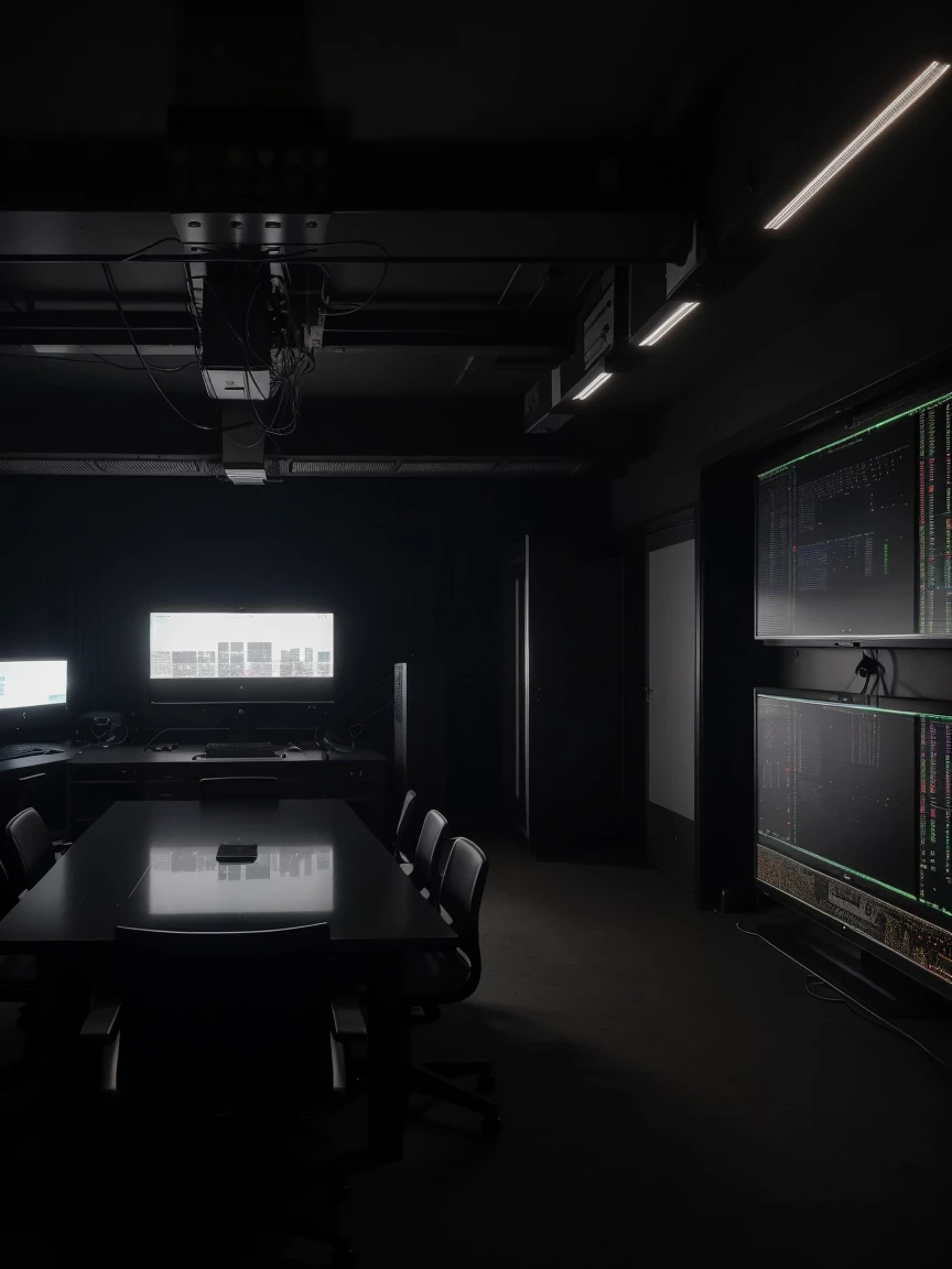 a hacker room that has a large server center with cables and lights, a very robust dedicated server with a lot of technology, dark bedroom, low lighting, ultra realistic detail 8k (3 LARGE MONITORS) details on server cables and technology 
