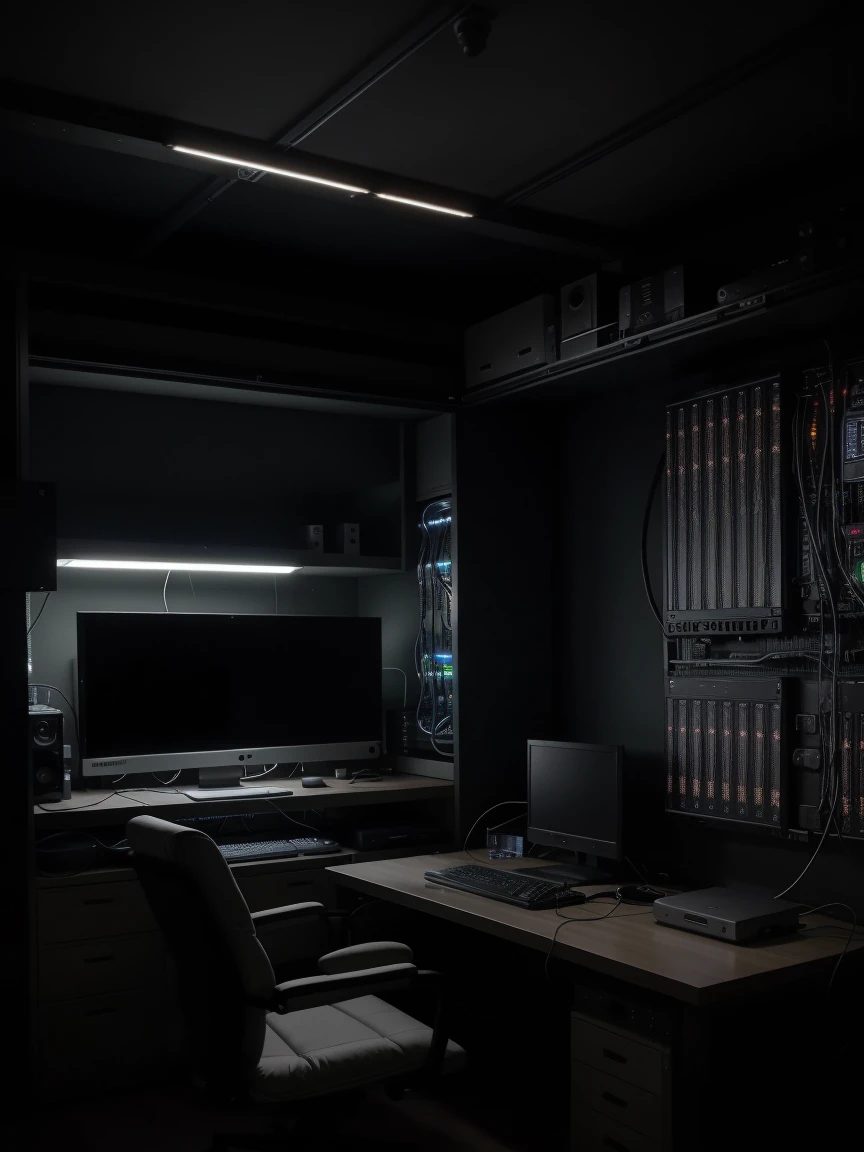 a hacker room that has a large server center with cables and lights, a very robust dedicated server with a lot of technology, dark bedroom, low lighting, ultra realistic detail 8k (3 LARGE MONITORS) details on server cables and technology