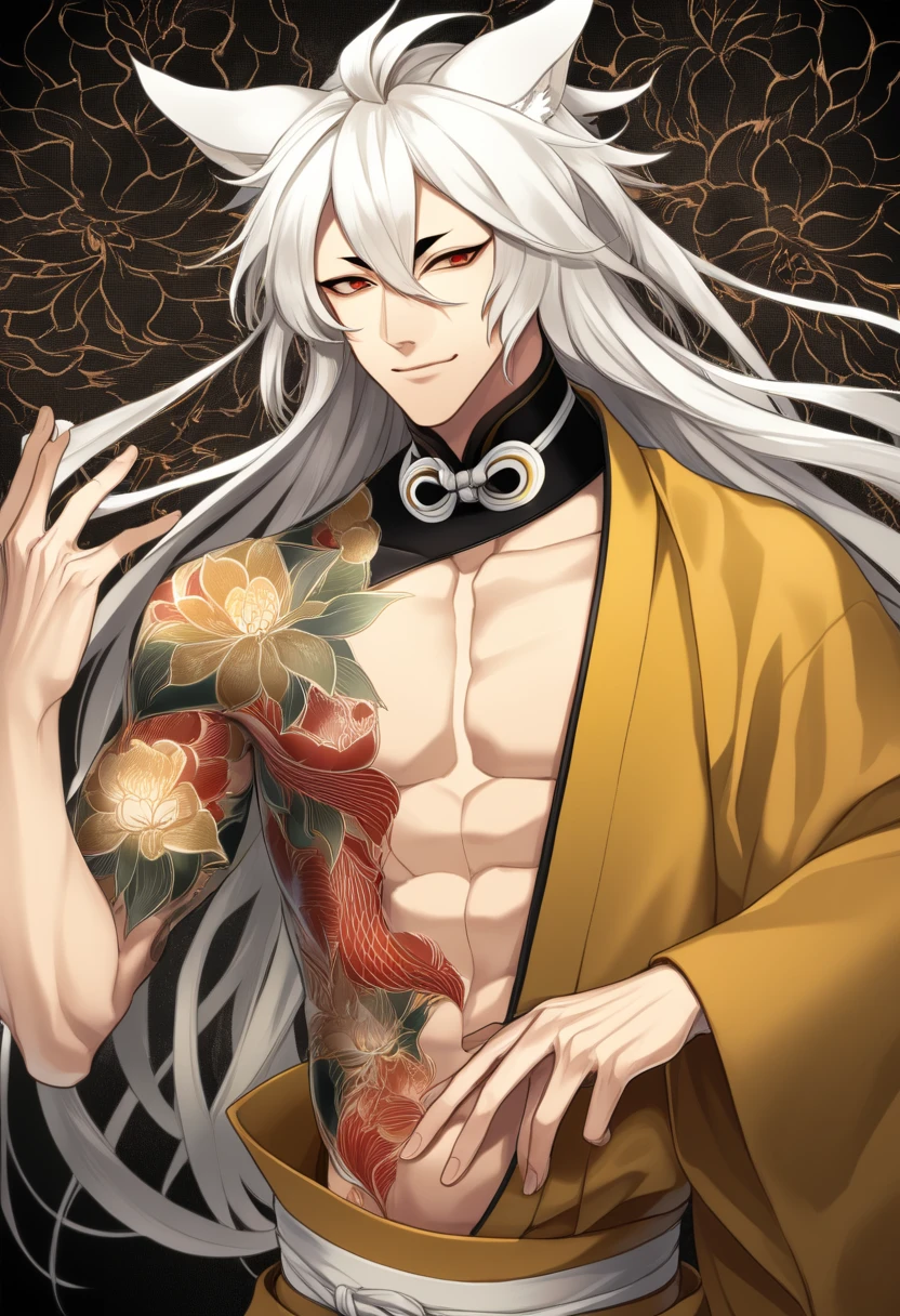 (masterpiece, best quality:1.2), 1male, solo, kogitsunemaru, touken ranbu, yellow clothes, japanes clothes red eyes, long white hair, fox ears, perfect anatomy