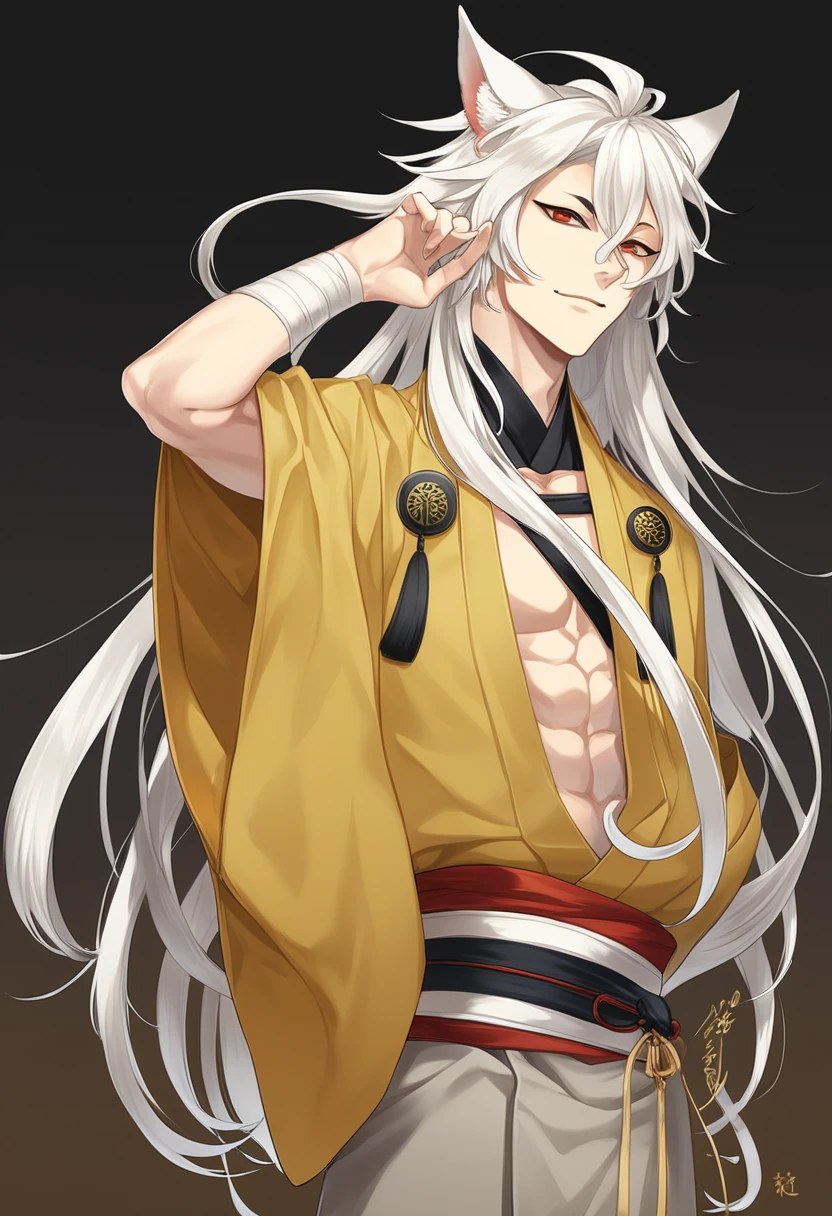 (masterpiece, best quality:1.2), 1male, solo, kogitsunemaru, touken ranbu, yellow clothes, japanes clothes red eyes, long white hair, fox ears, perfect anatomy