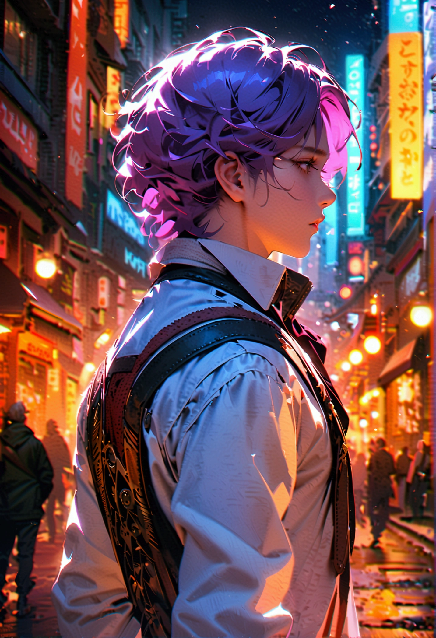 A man with purple hair in a white suit turns his back on the city at night.