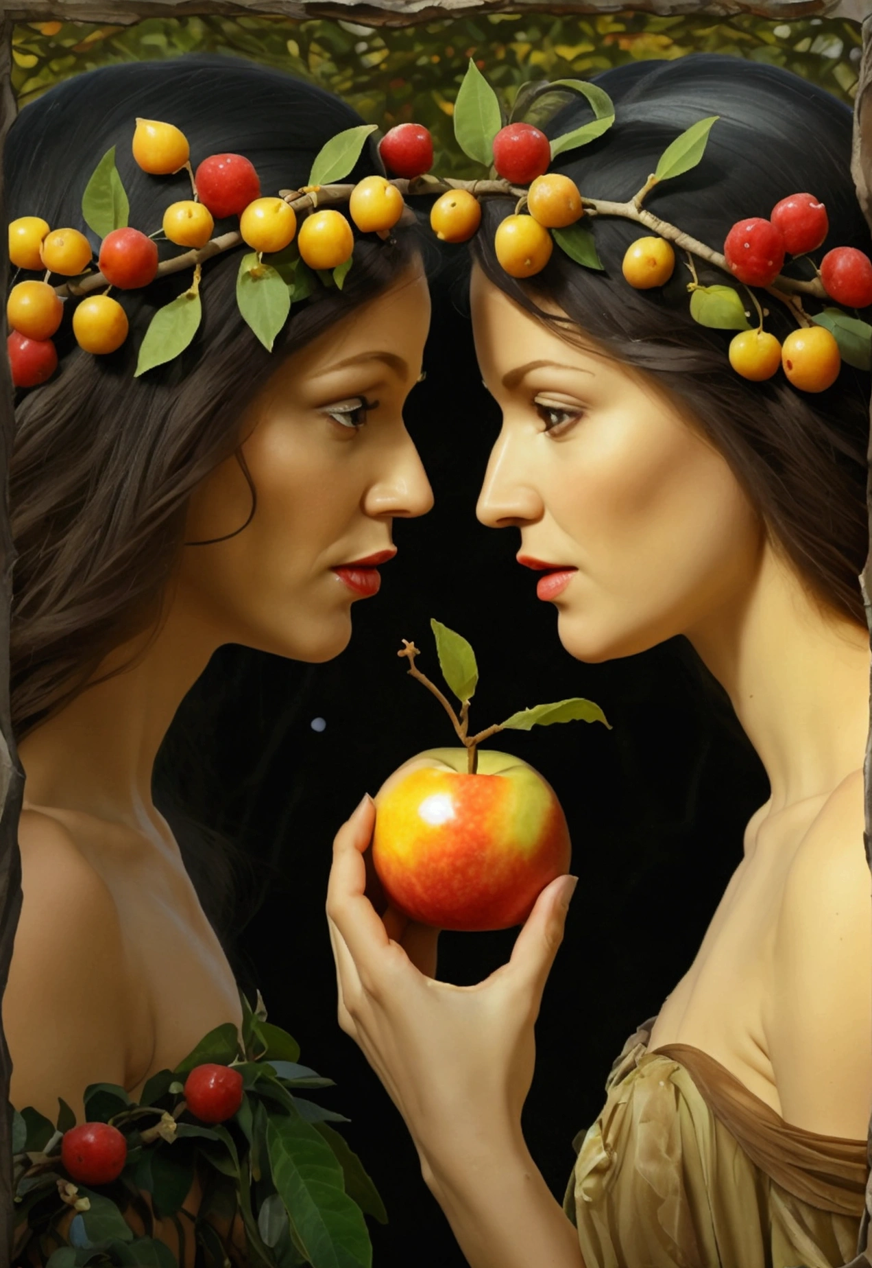 Adam and Eve together near the Tree of Knowledge of Good and Evil. Eve has already bitten the fruit and is offering a piece to Adam. Adam is accepting the fruit from Eve. Both have mixed expressions of curiosity and fear, reflecting the tension of the moment.