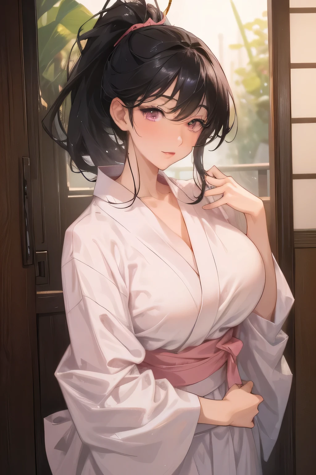 Asian, black hair, tied, ponytail, bangs, white Japanese yukata, beautiful, beautiful eyes, beautiful skin, pink eyes, big breasts, disproportionate, older woman, milf,
