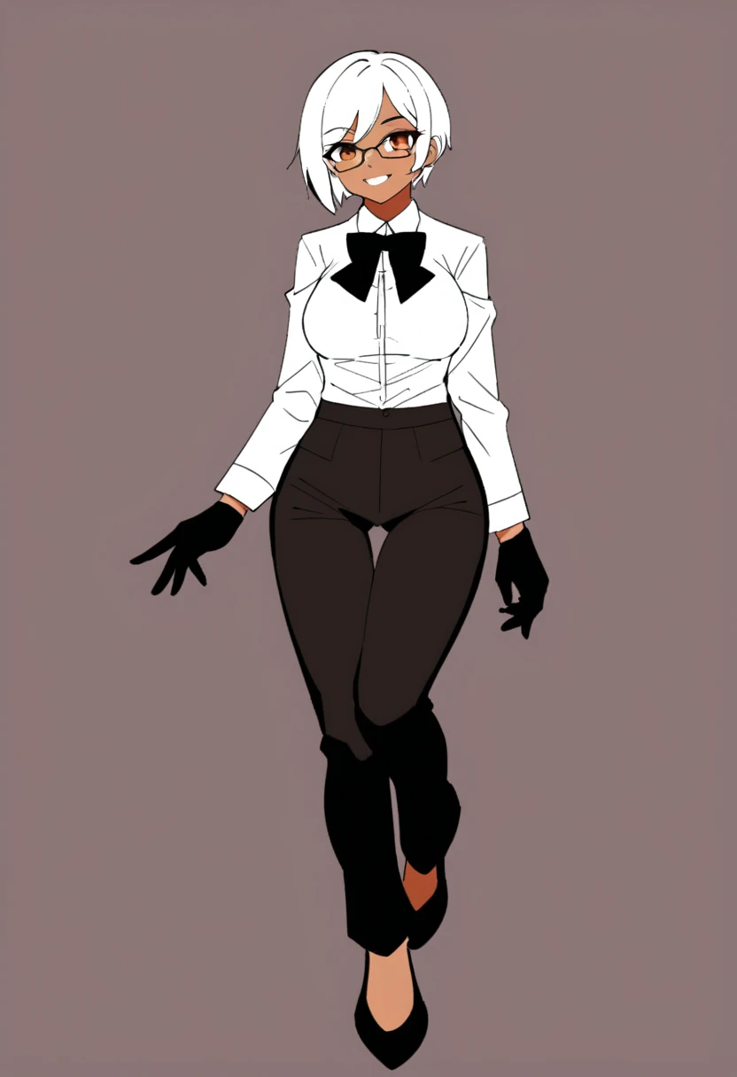 sketch of woman character artist in formal clothes and glasses, wearing a white shirt and black tie, 1girl, dark skin, solo, gloves, dark-skinned female, white hair, pants, short hair, shirt, black gloves, bow, black pants, glasses, breasts, bowtie, smile, white shirt, looking at viewer, long sleeves, full body, ((Leg Crossing ))