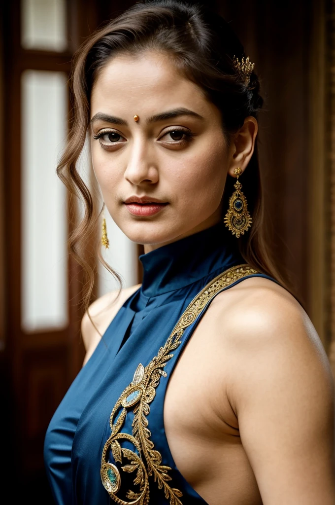 Looks like Sandeepa Dhar, "Design an illustration of a stunning and powerful warrior queen with a regal presence. She should possess a combination of strength and grace. Imagine her in ornate, yet practical armor that complements her figure. The armor should be adorned with intricate details and symbols representing her royal lineage and warrior prowess. Her weapon of choice could be a unique and elegant sword or a mythical weapon that reflects her status as a formidable leader.

Her facial features should exude confidence and determination, with piercing eyes that convey both fierceness and wisdom. The queen's hair, whether long or short, should flow dynamically, hinting at her movement in battle. Consider incorporating elements that emphasize her connection to nature or a mythical realm, such as ethereal backgrounds, symbolic animals, or mystical symbols.

Pay attention to the color palette; use rich, bold colors that enhance her royal aura. Experiment with lighting to highlight specific details and create a sense of drama. Ensure that her posture and expression capture the essence of a queen who commands respect and admiration. Feel free to draw inspiration from historical warrior queens or fictional characters, blending elements to create a unique and captivating image."