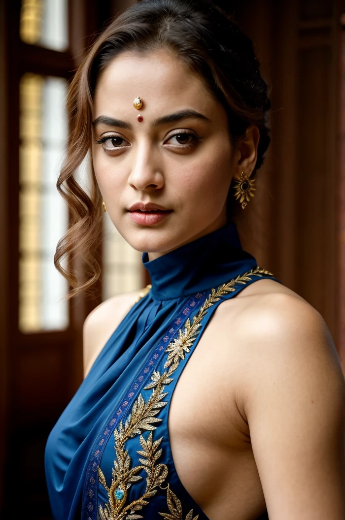 Looks like Sandeepa Dhar, "Design an illustration of a stunning and powerful warrior queen with a regal presence. She should possess a combination of strength and grace. Imagine her in ornate, yet practical armor that complements her figure. The armor should be adorned with intricate details and symbols representing her royal lineage and warrior prowess. Her weapon of choice could be a unique and elegant sword or a mythical weapon that reflects her status as a formidable leader.

Her facial features should exude confidence and determination, with piercing eyes that convey both fierceness and wisdom. The queen's hair, whether long or short, should flow dynamically, hinting at her movement in battle. Consider incorporating elements that emphasize her connection to nature or a mythical realm, such as ethereal backgrounds, symbolic animals, or mystical symbols.

Pay attention to the color palette; use rich, bold colors that enhance her royal aura. Experiment with lighting to highlight specific details and create a sense of drama. Ensure that her posture and expression capture the essence of a queen who commands respect and admiration. Feel free to draw inspiration from historical warrior queens or fictional characters, blending elements to create a unique and captivating image."