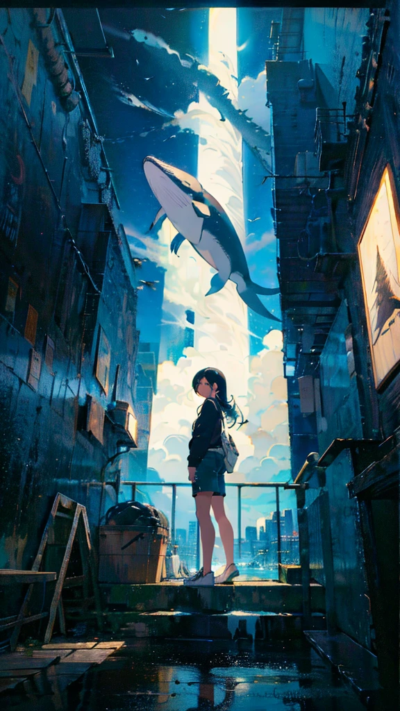 masterpiece, Exquisite detail,Highest quality, One girl, alone, handrail, cloud, Looking up at the buildings,Long Hair, NULL, Long sleeve, Power lines, White footwear, Black Hair, View your viewers, Electric pole, bangs, cloudy NULL, fish, bird, Green Eyes, Shorts, Day, Black Shirt, barefoot,Whale flying in the sky,Giant whale,night,star,milky way,night,Pitch black,Buildings,Sitting, High quality anime art style,Standing painting,Splash ink background,Blue Themes
