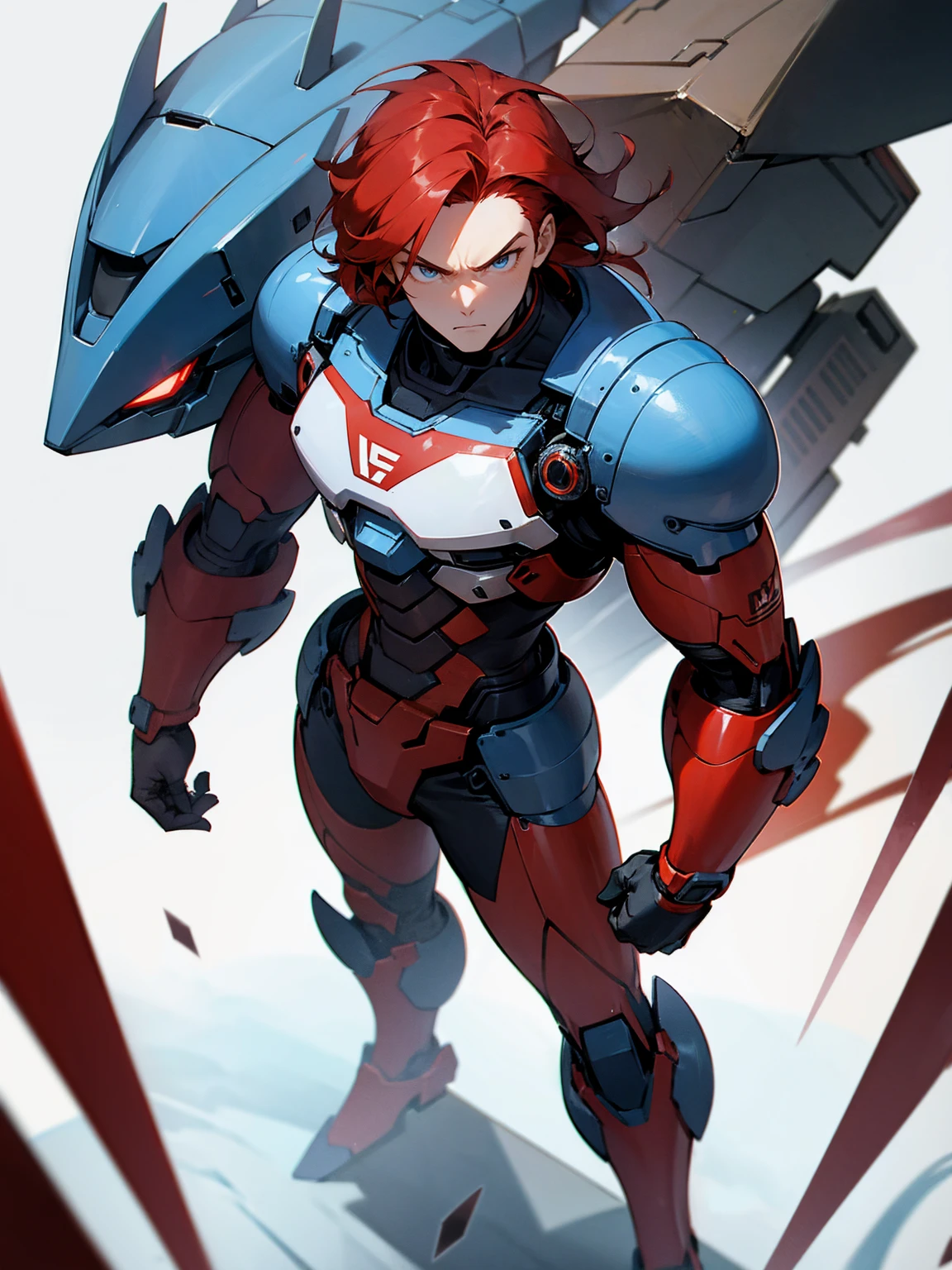 1male, super suit, red hair, giant robot in background, standing on path, serious