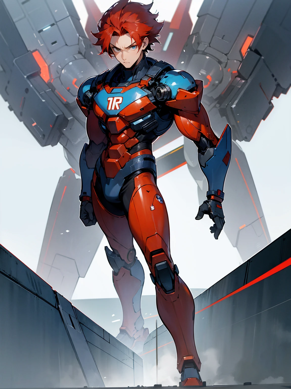 1male, super suit, red hair, giant robot in background, standing on path, serious