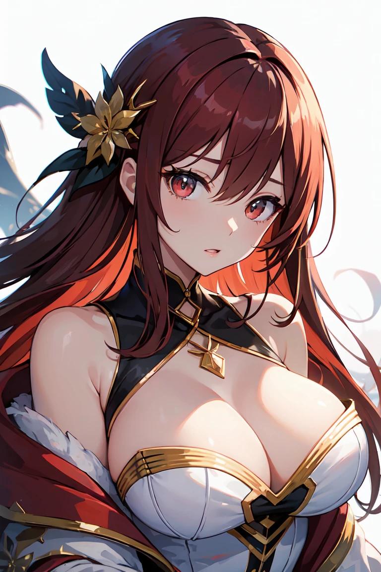 1 female、ruby red hair、long hair、streight hair、{{{RED and GOLD eyes}}}、thick lips、White dress、off shoulder、slim、valley、big breasts、sunlight、{{{wihout background, no background}}}, {{{white background}}} masterpiece、ultra high resolution、perfect lighting、16k