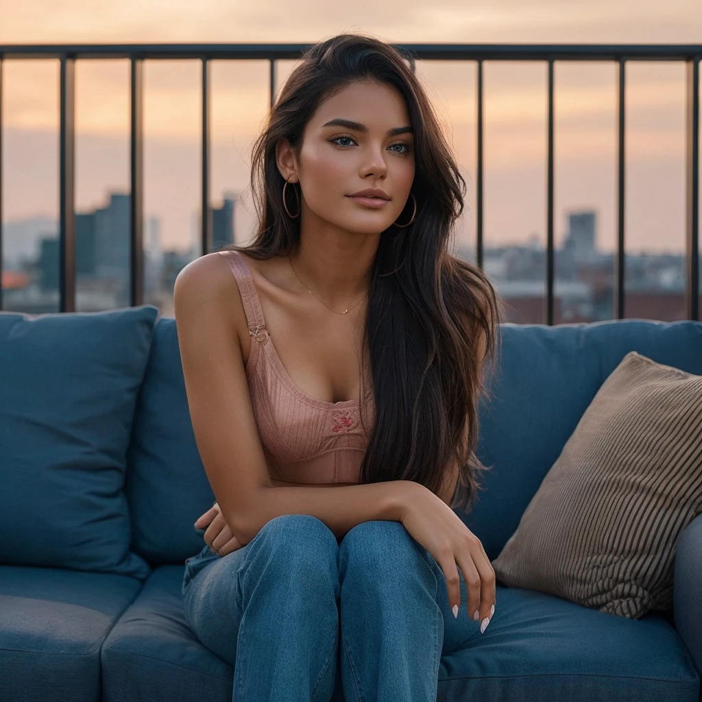Use the face of the model and create an image where the same model wearing red color bra and jeans playing with her pet dog