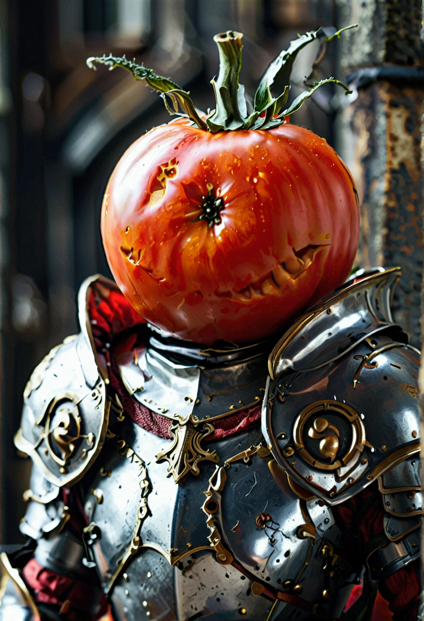 Magnificent digital illustration of an anthropomorphic humanoid red tomato knight, adorned in gleaming medieval armor. The tomato's face retains its distinctive, plump features - rosy cheeks, a button nose, and a determined expression that conveys a sense of noble purpose.
The tomato knight stands tall and proud, their armored form casting a imposing silhouette against the backdrop of a grand, towering castle. The ornate architecture and the weathered stone walls evoke a sense of medieval grandeur, setting the stage for this valiant, produce-based warrior.
The attention to detail in the knight's armor is exceptional, from the intricate metalwork to the smooth, rounded edges that complement the tomato's natural shape. Crimson and gold hues dominate the color palette, imbuing the scene with a regal and heroic air.
This captivating fusion of the whimsical and the noble creates a truly unique and memorable fantasy character. The anthropomorphic tomato knight exudes a powerful presence, their role as a protector and defender of the realm made all the more endearing by their fresh-faced, produce-inspired visage.
The high-resolution rendering and the skilled composition result in a digital artwork that is both visually striking and brimming with a sense of imagination and wonder. This tomato knight is a testament to the artist's ability to breathe life into unexpected and delightful fantasy concepts.