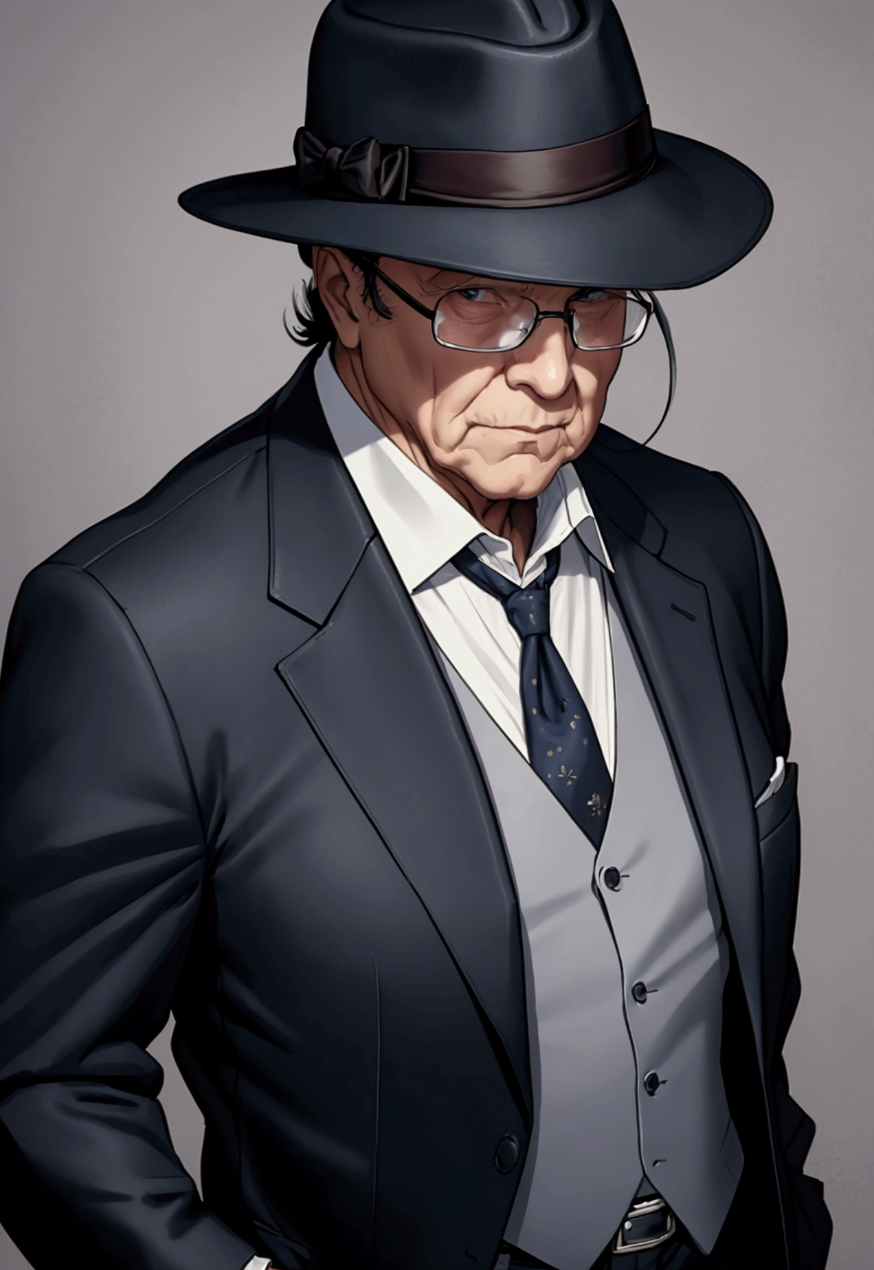 a rich old man in a suit, only upper body, with a fedora ,make him anonymous