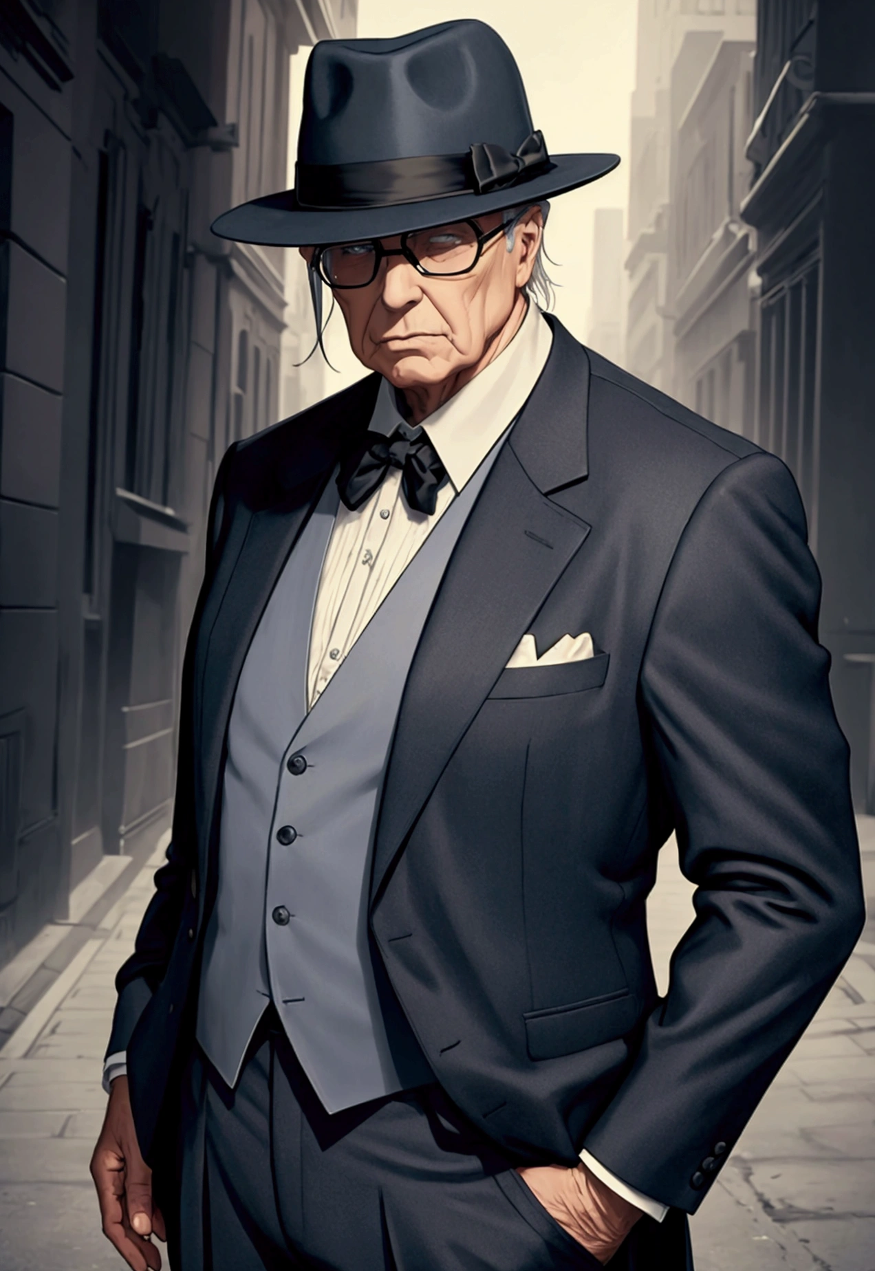 a rich old man in a suit, only upper body, with a fedora ,make him anonymous