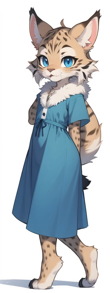 furry, female lynx, fur, detailed fur, whiskers
masterpiece, best quality, digital art, cartoon, detailed lines, high resolution, there’s a lynx standing upright on back paws, she has big blue beautiful eyes and cute face, cute lynx, she wears beautiful blue long dress, she has claws on paws. Reference sheet, character sheet, front angles, side angles, rear angles, white background
