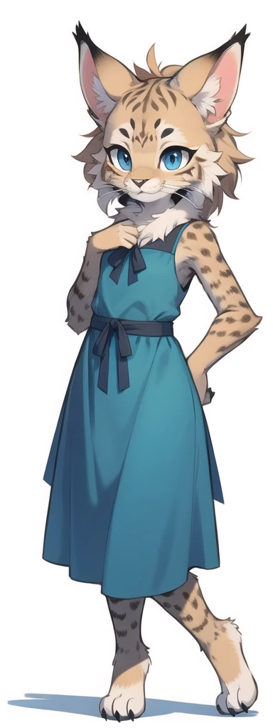 furry, female lynx, fur, detailed fur, whiskers
masterpiece, best quality, digital art, cartoon, detailed lines, high resolution, there’s a lynx standing upright on back paws, she has big blue beautiful eyes and cute face, cute lynx, she wears beautiful blue long dress, she has claws on paws. Reference sheet, character sheet, front angles, side angles, rear angles, white background