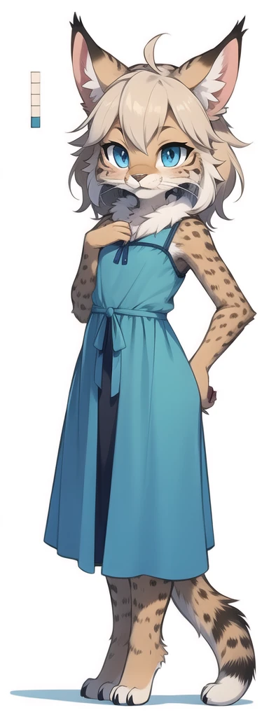 furry, female lynx, fur, detailed fur, whiskers
masterpiece, best quality, digital art, cartoon, detailed lines, high resolution, there’s a lynx standing upright on back paws, she has big blue beautiful eyes and cute face, cute lynx, she wears beautiful blue long dress, she has claws on paws. Reference sheet, character sheet, front angles, side angles, rear angles, white background