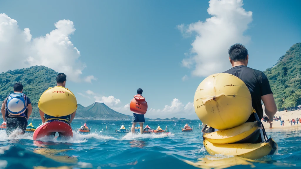 ultra-detailed, Angle from the front, (The view from below:1.4), 
Beach, (Four Japanese men facing forward, standing at a distance and facing the viewer:1.6), (Four Smiles:1.4), wearing only swim trunks,

 (crowd of men:1.1), beach chairs, beach ball, Beach umbrellas a short distance away, (toy banana boat in the sea:1.3), (Landscape Photography:0.7),