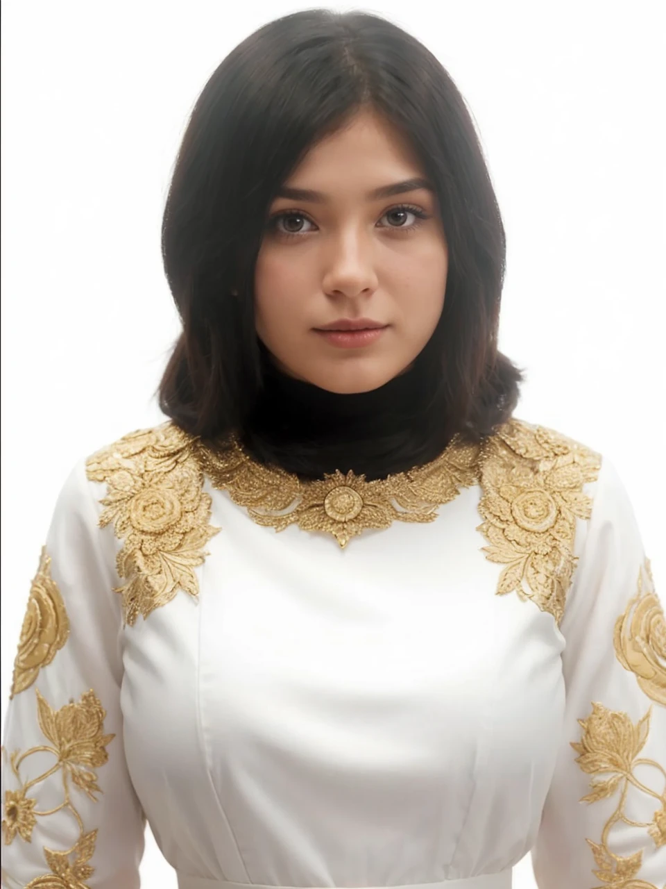 Make the picture realistic without changing the features. She is 25 years old and has black hair 