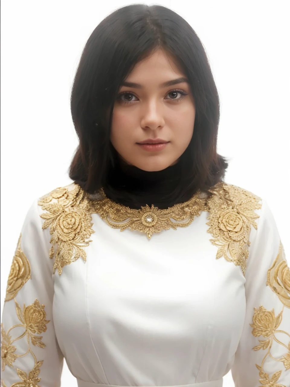Make the picture realistic without changing the features. She is 25 years old and has black hair