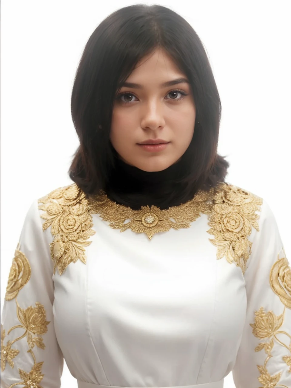 Make the picture realistic without changing the features. She is 25 years old and has black hair
