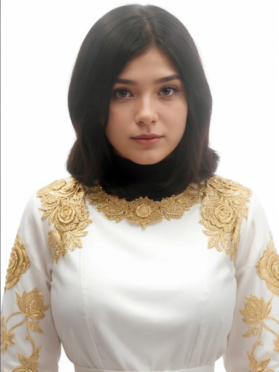 Make the picture realistic without changing the features. She is 25 years old and has black hair