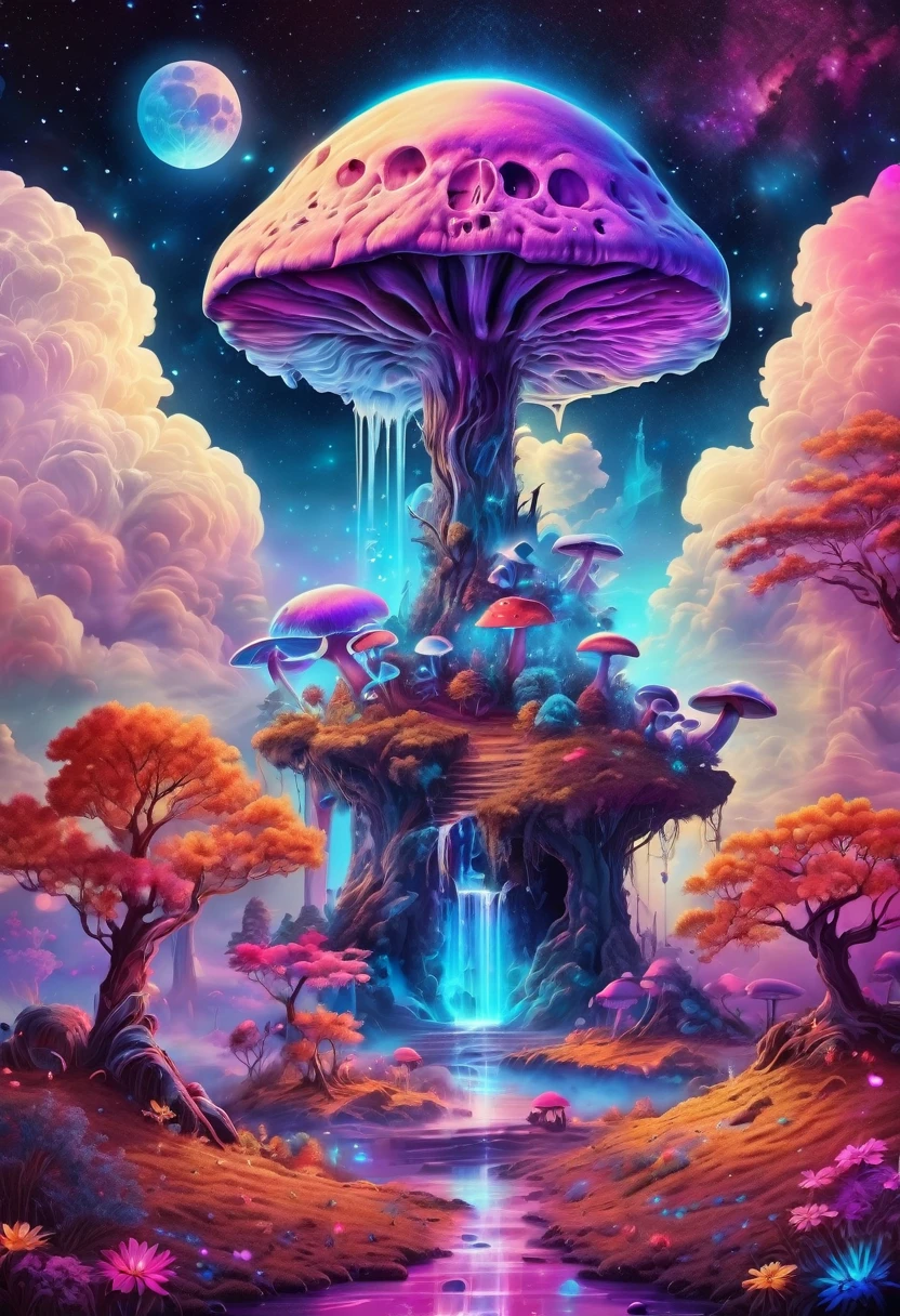 Fantasy Colorful Galaxy Skull Mushroom Moon Forest Tree Neon Waterfall Blue Purple Starry Sky Background