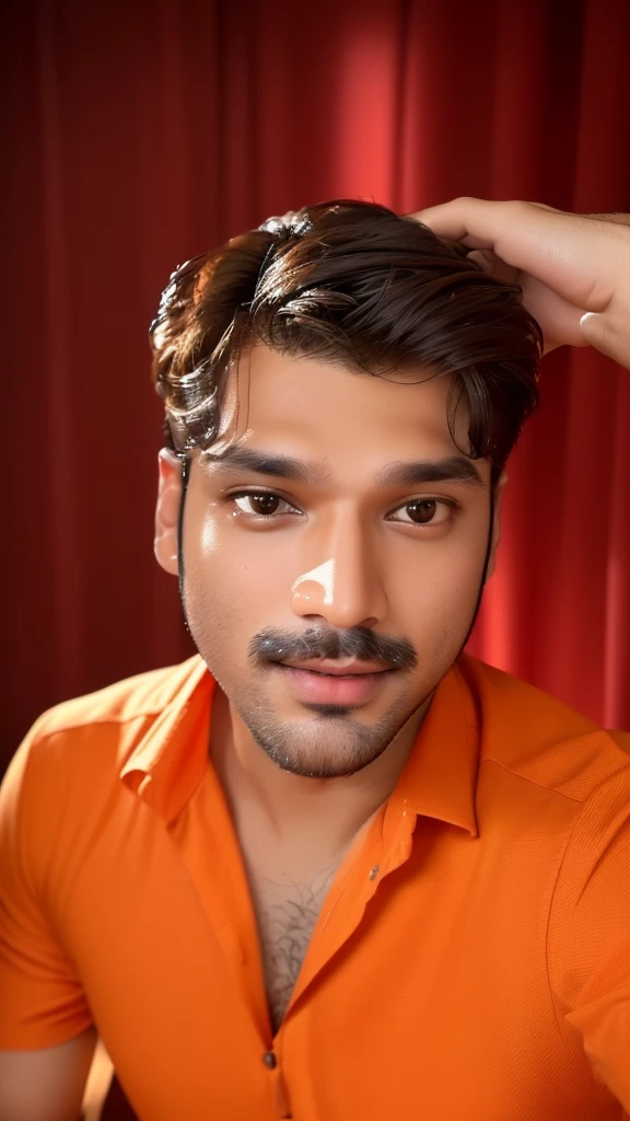 there is a man in an orange shirt sitting down with a cell phone, with accurate face, 8k selfie photograph, face picture, good looking face, portrait shot 8 k, without beard, harsh good looking face, professional profile picture, jayison devadas, without beard and mustache, very very low quality picture, handsome face, portait photo profile picture