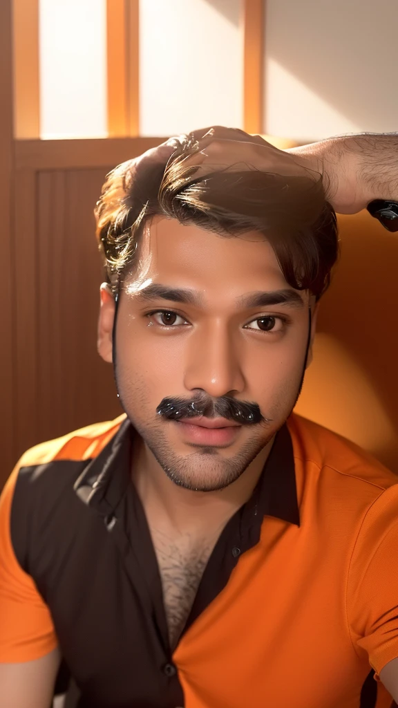 there is a man in an orange shirt sitting down with a cell phone, with accurate face, 8k selfie photograph, face picture, good looking face, portrait shot 8 k, without beard, harsh good looking face, professional profile picture, jayison devadas, without beard and mustache, very very low quality picture, handsome face, portait photo profile picture