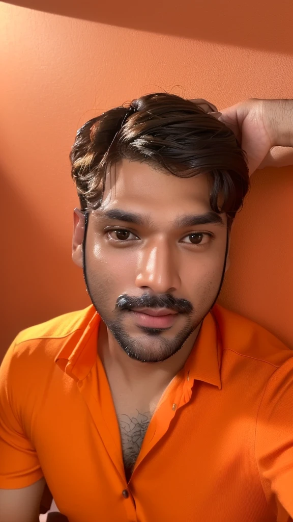 there is a man in an orange shirt sitting down with a cell phone, with accurate face, 8k selfie photograph, face picture, good looking face, portrait shot 8 k, without beard, harsh good looking face, professional profile picture, jayison devadas, without beard and mustache, very very low quality picture, handsome face, portait photo profile picture