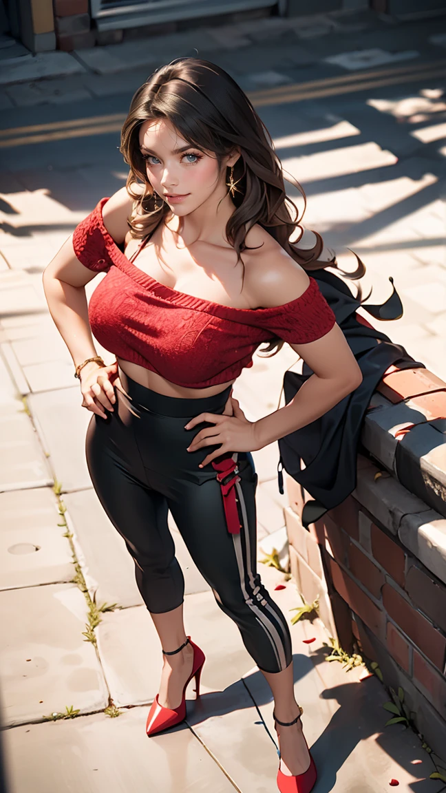 24-year-old female、long hair、Hair becomes wavy、Sexy proportions、Wear a one-shoulder top、Wear low rise leggings、Wear stiletto heels、smile、Place your hands on your hips、Old concrete wall background、sunlight from directly above