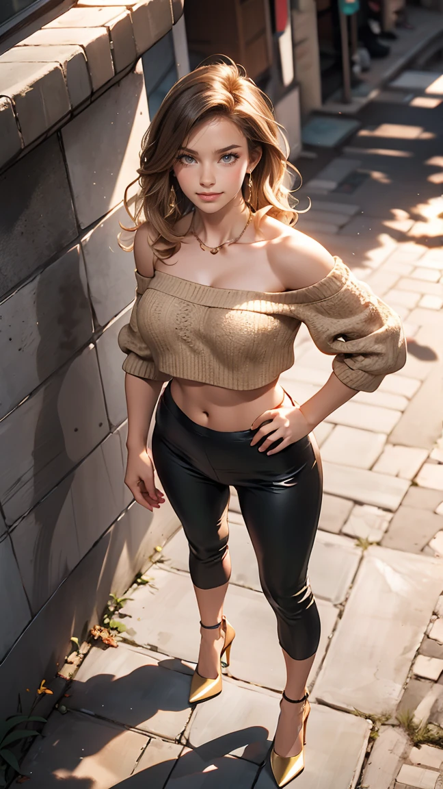 24-year-old female、long hair、Hair becomes wavy、Sexy proportions、Wear a one-shoulder top、Wear low rise leggings、Wear stiletto heels、smile、Place your hands on your hips、Old concrete wall background、sunlight from directly above