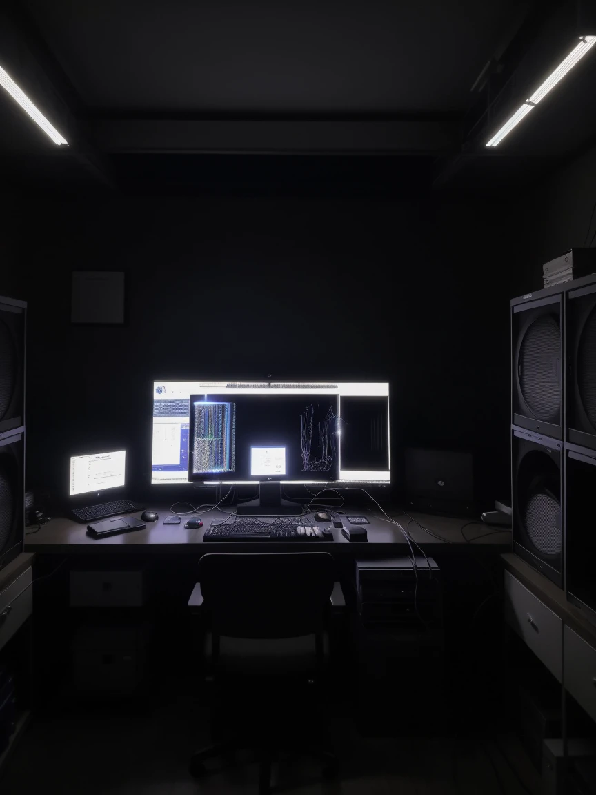 a hacker room that has a large server center with cables and lights, a very robust dedicated server with a lot of technology, dark bedroom, low lighting, ultra realistic detail 8k (3 LARGE MONITORS) details on the server cables and technology image taken from a cell phone camera with not much resolution