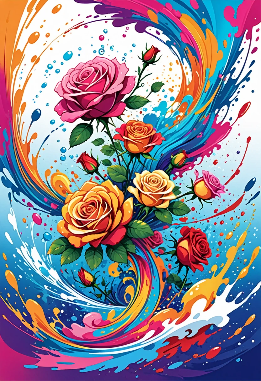 vectorial art, Colorful illustration with many roses, At the center, swirly vibrant colors, paint splashes and smears, high détail, Underwater swimming background
