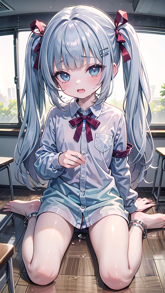 (8K, best quality, master piece: 1.5),super high resolution, One girl, solo, full body, junior high school student, ultra-detailed face, detailed eyes, rainbow colored iris, (cyan eyes), short twin tails, Silver gray hair, blunt bangs, hairclip, orgasm face, Drooling, (masturbation:1.1),touch pussy, pale skin, Medium chest, red-ribbon school-uniform, bare legs, anklet, classroom, wariza