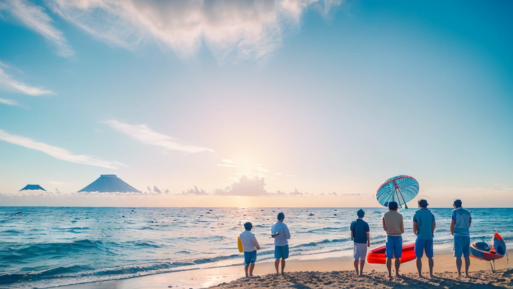 ultra-detailed, Angle from the front, (The view from below:1.4), 
Beach, (Four Japanese men facing forward, standing at a distance and facing the viewer:1.6), (Four Smiles:1.4), wearing only swim trunks,

 (crowd of men:1.1), beach chairs, beach ball, Beach umbrellas a short distance away, (toy banana boat in the sea:1.3), (Landscape Photography:0.7),