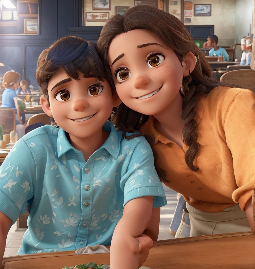 A young boy and a woman are seated at a table, both smiling broadly. The boy is wearing a blue shirt with a floral pattern and brown skin color and the woman has an orange top, long hair and brown skin color. They are mother and son and seem to be enjoying their time together. The mother appears to be 32 years old and the boy 5. In the background, there's a bustling restaurant setting with other patrons and tables.