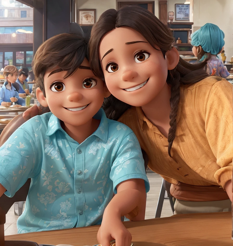 A young boy and a woman are seated at a table, both smiling broadly. The boy is wearing a blue shirt with a floral pattern and brown skin color and the woman has an orange top, long hair and brown skin color. They are mother and son and seem to be enjoying their time together. The mother appears to be 32 years old and the boy 5. In the background, there's a bustling restaurant setting with other patrons and tables.